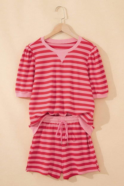 Red Stripe Puff Short Sleeve T Shirt Matching Shorts Set
