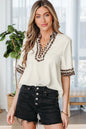 Violet Leopard Patchwork Trim Split Neck Short Sleeve Blouse - Sweet Fashion Wholesale