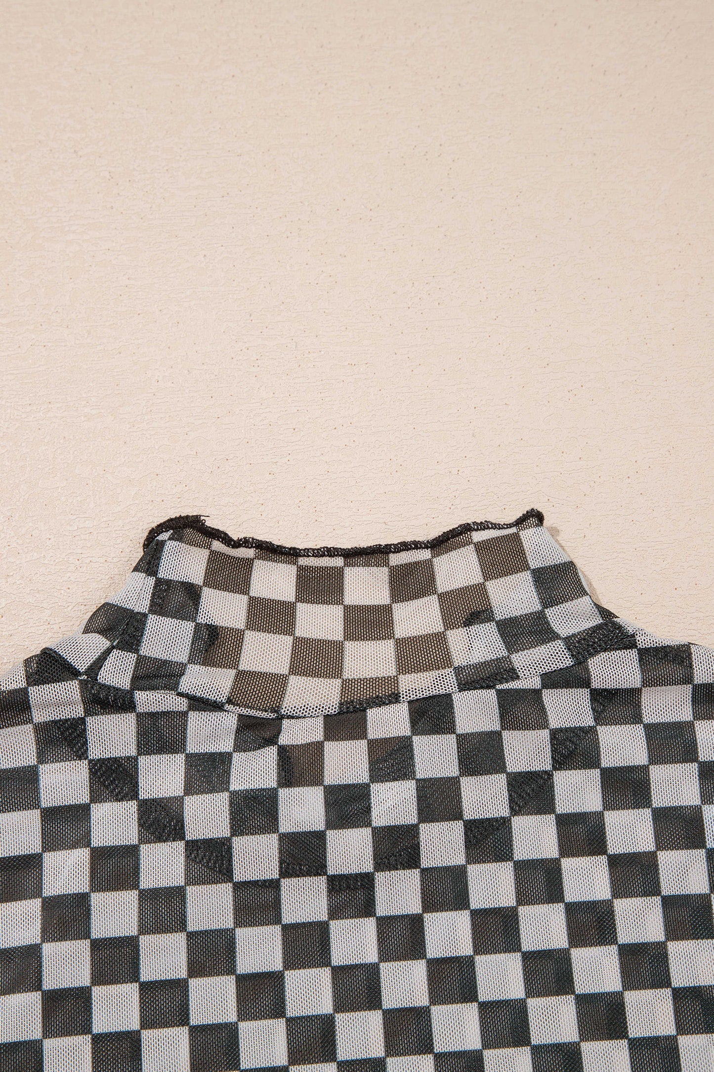 Black Plaid Stand Neck Long Sleeve Mesh Top