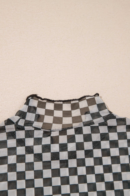 Black Plaid Stand Neck Long Sleeve Mesh Top