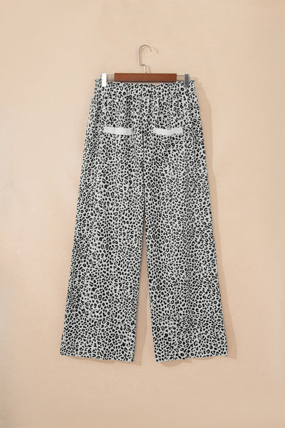 Khaki Animal Print Wide Leg Terry Knit Pants - Sweet Fashion Wholesale