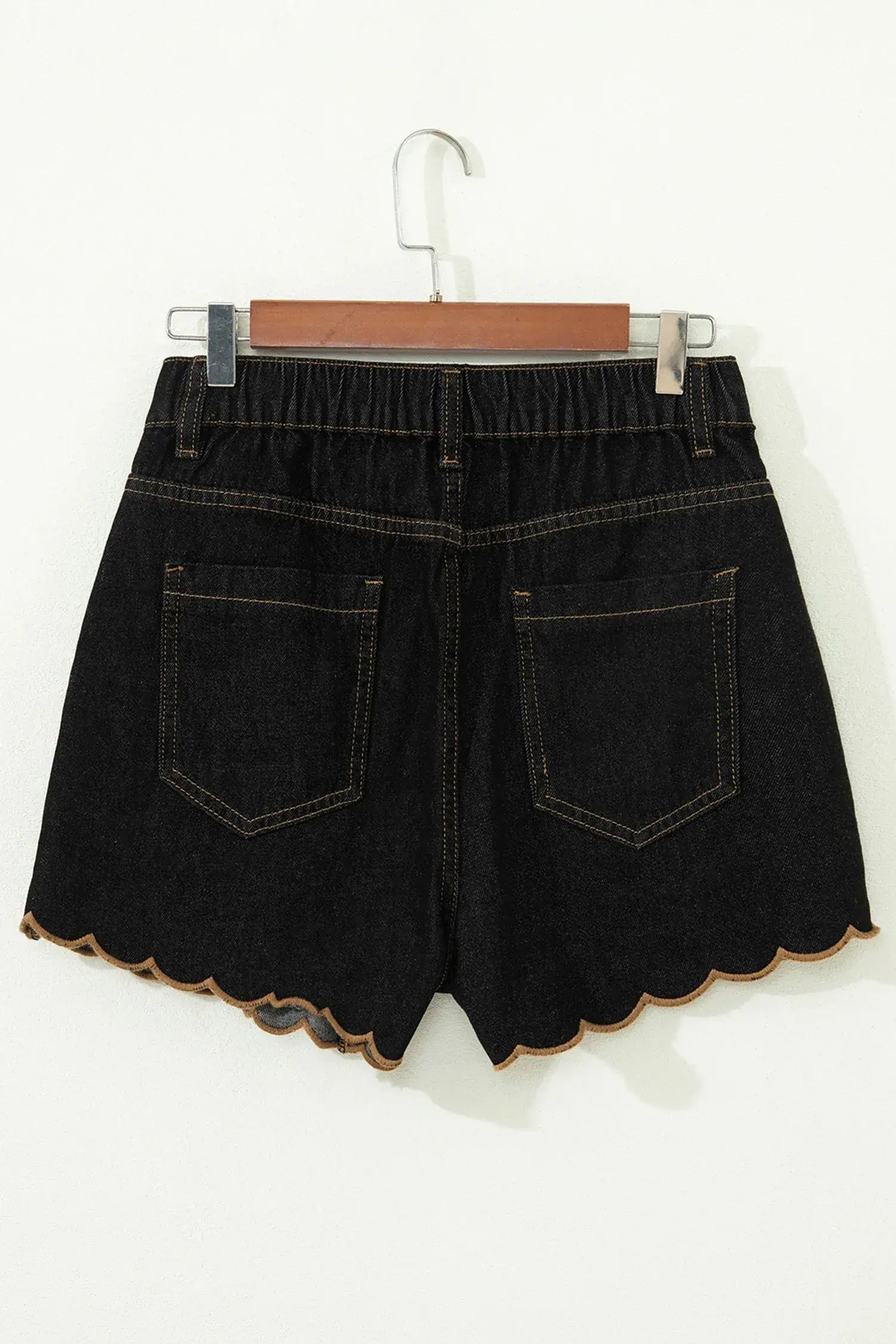 Navy Blue Embroidered Scalloped Trim Relaxed Denim Shorts - Sweet Fashion Wholesale