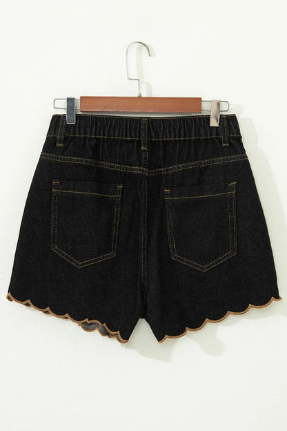 Navy Blue Embroidered Scalloped Trim Relaxed Denim Shorts - Sweet Fashion Wholesale