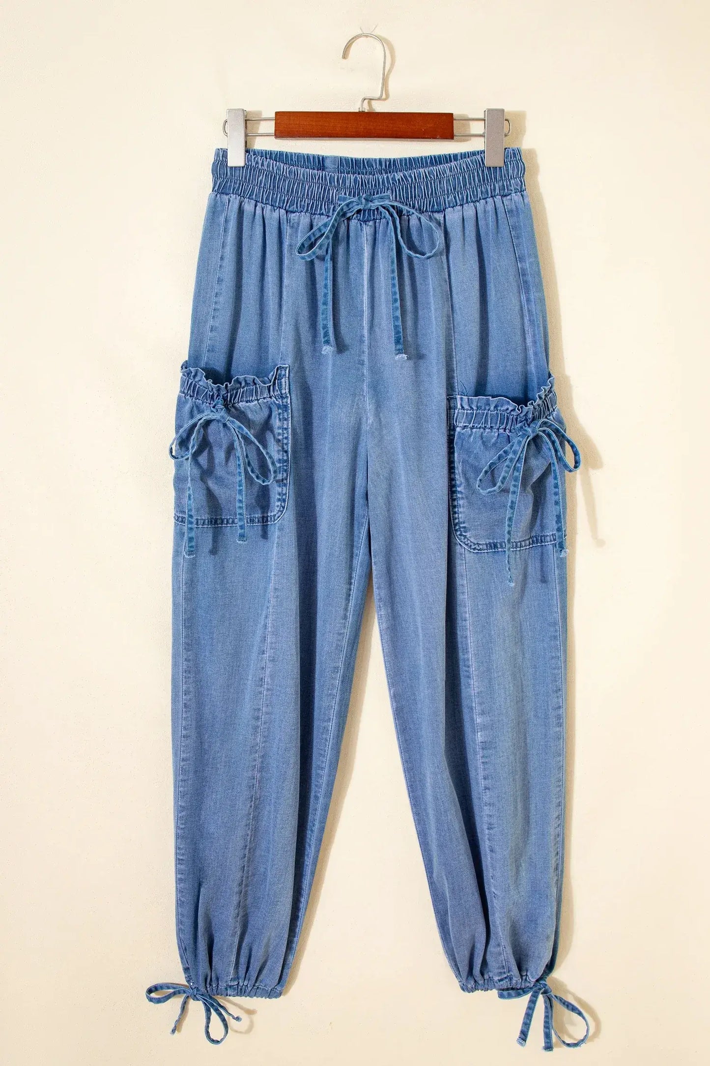 Beau Blue Drawstring Elastic Waist Pocketed Loose Denim Pants - Sweet Fashion Wholesale