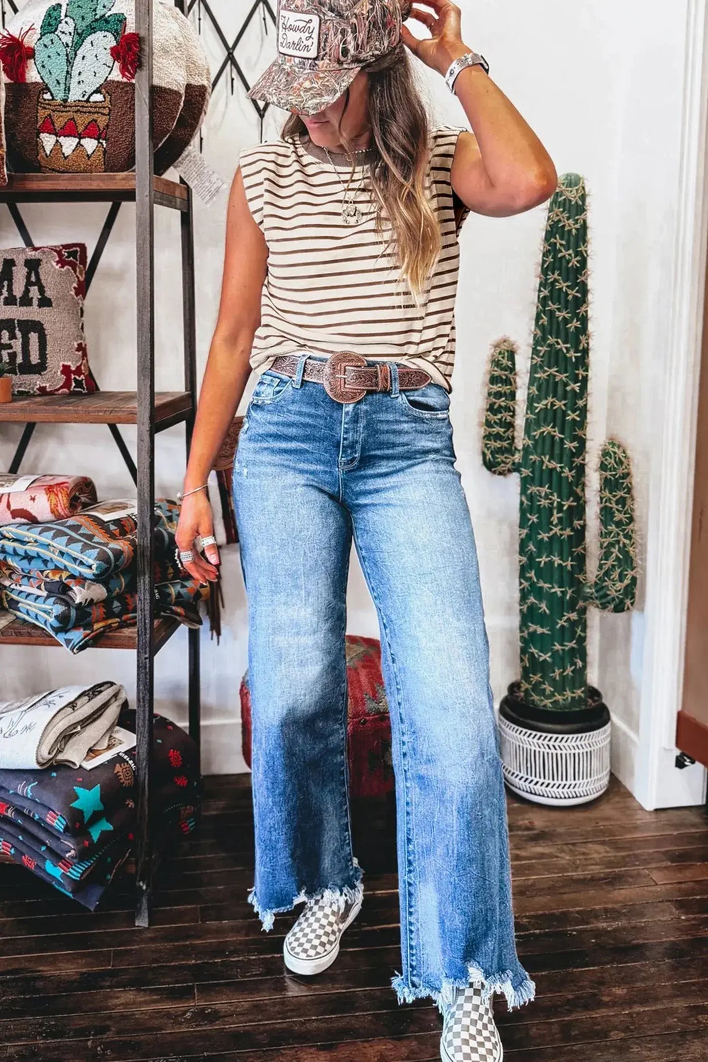 Brown Stripe Ribbed Round Neck Trim Loose Tank Top - Sweet Fashion Wholesale