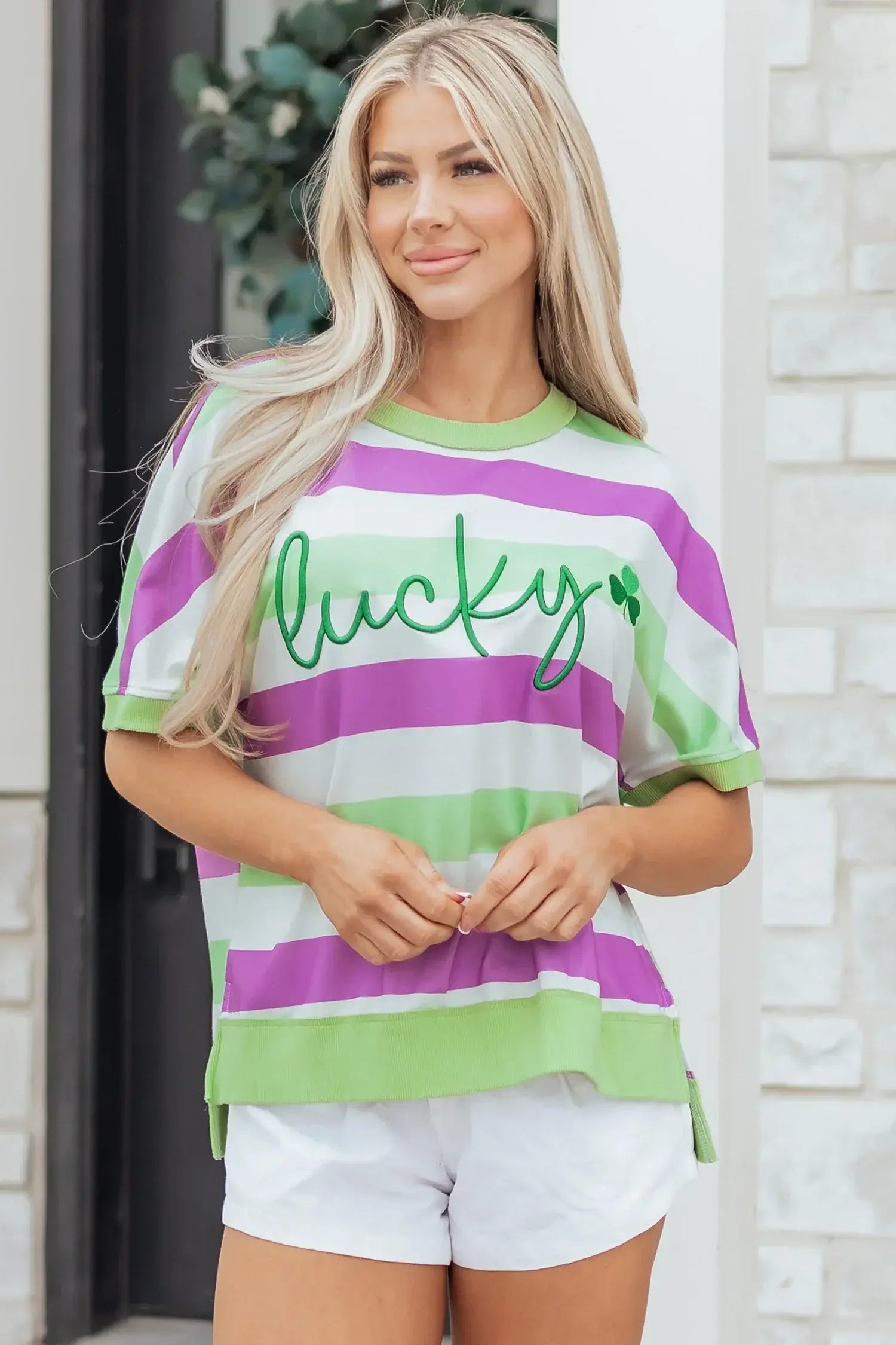 Green Stripe Lucky Clover Embroidered Graphic Dolman Loose Tee - Sweet Fashion Wholesale