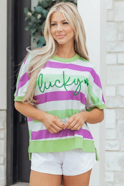 Green Stripe Lucky Clover Embroidered Graphic Dolman Loose Tee - Sweet Fashion Wholesale