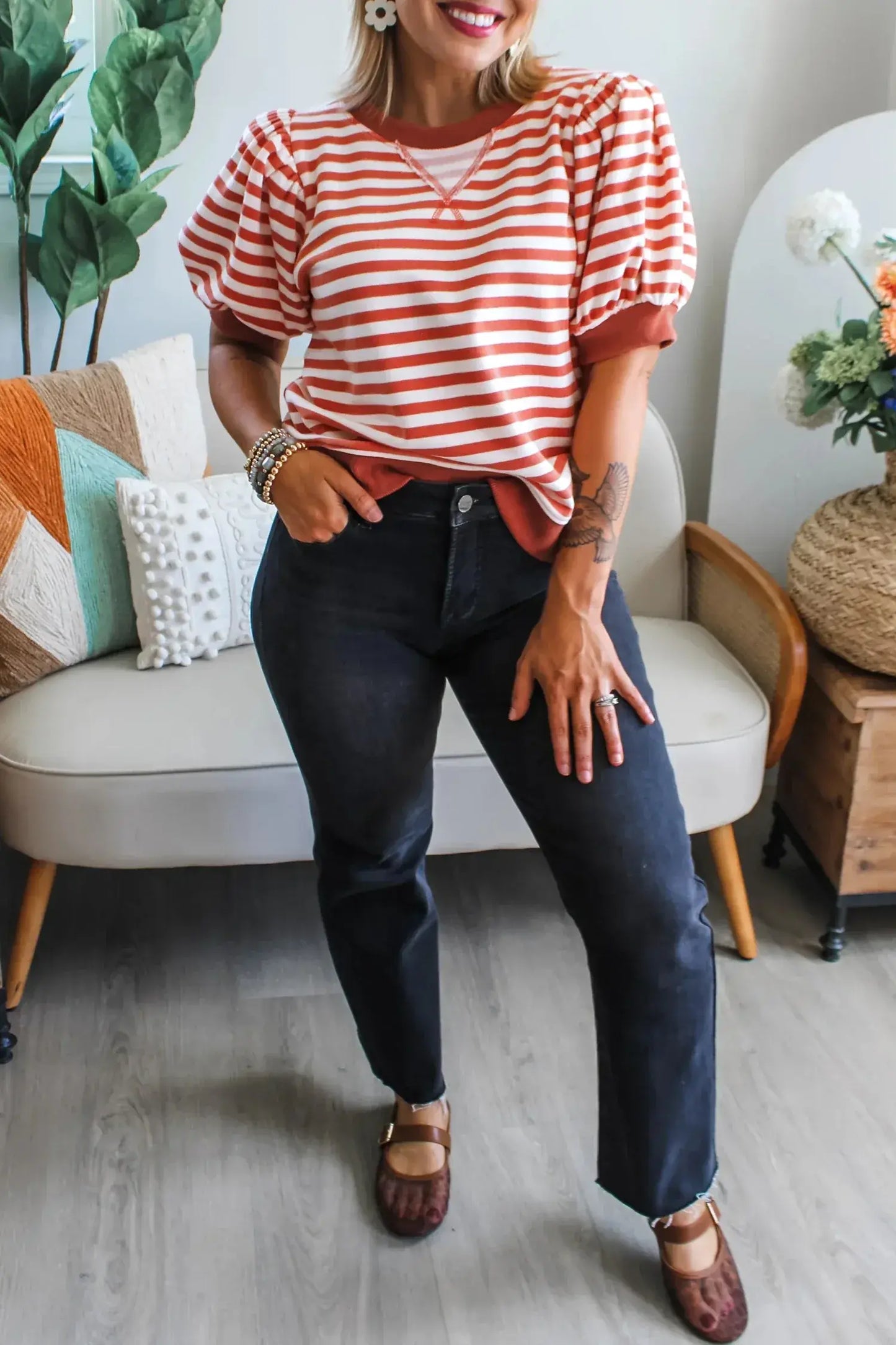 Khaki Stripe Short Bubble Sleeve T Shirt - Sweet Fashion Wholesale