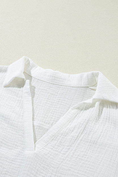 White Crinkled Lace Splicing Sleeve Collared V Neck Blouse