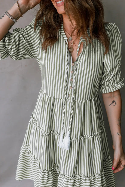 Green Stripe Tasseled Tie Neck Ruffled Short Sleeve Tiered Flattering Dress - Sweet Fashion Wholesale