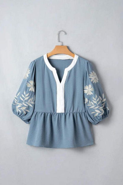 Smoke Green Color Block Patchwork V Neck Embroidered Puff Sleeve Babydoll Blouse