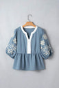 Smoke Green Color Block Patchwork V Neck Embroidered Puff Sleeve Babydoll Blouse
