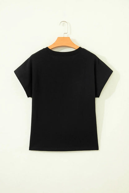 Black Leopard Bow Embroidered Cotton Round Neck T Shirt