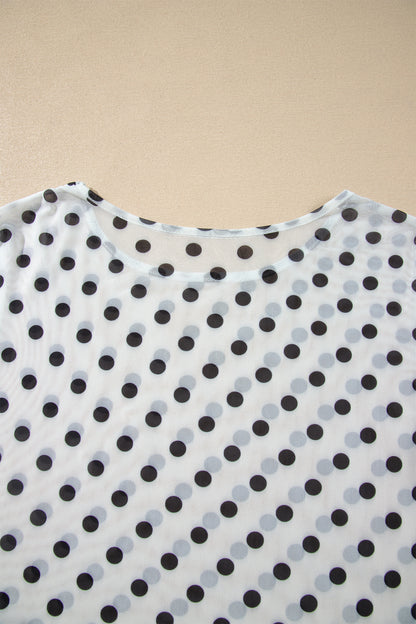 Black Polka Dot Sheer Mesh Long Sleeve Round Neck Shift Blouse