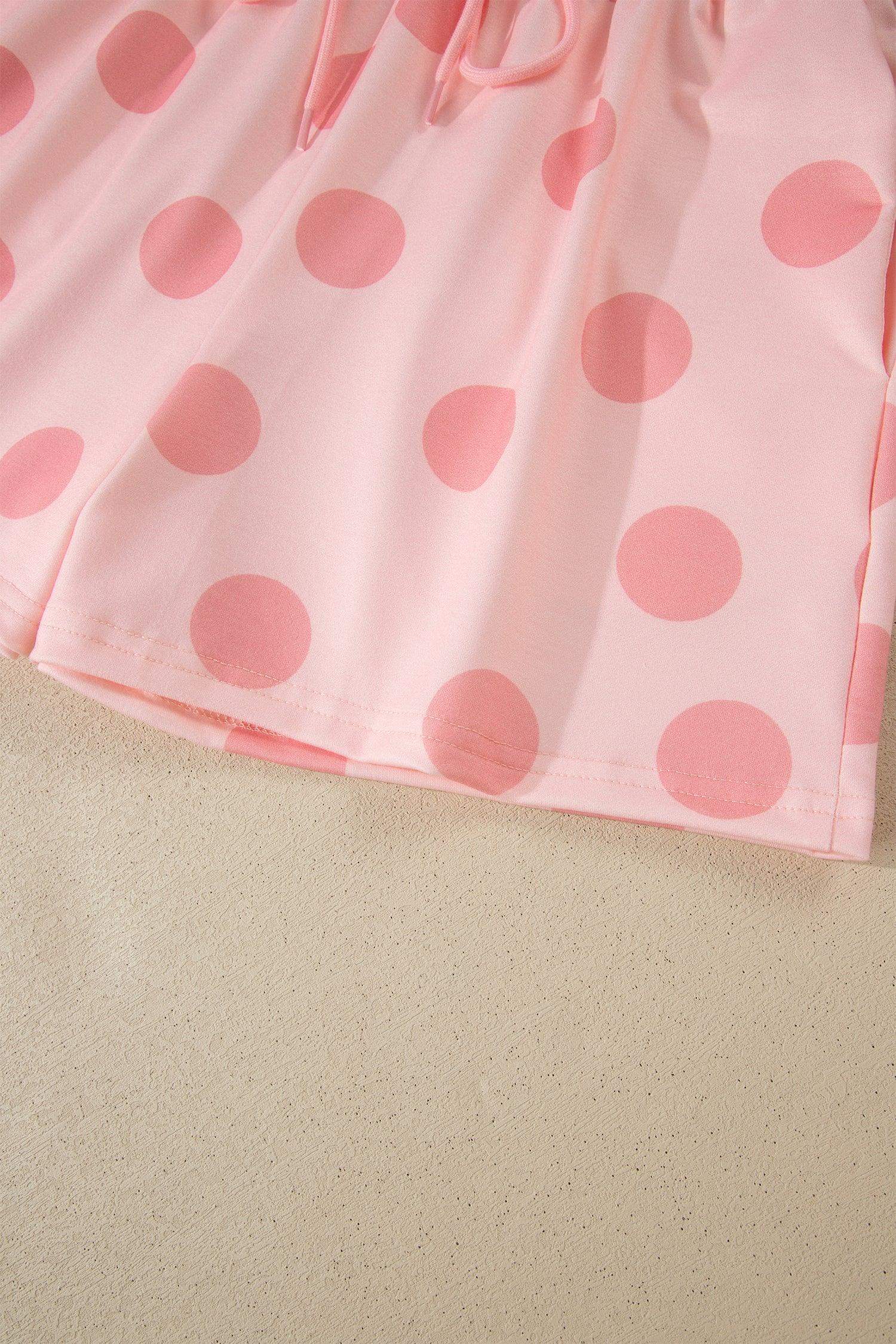 Pink Polka Dot Print Loose Tee Drawstring Elastic Waist Short Set - Sweet Fashion Wholesale