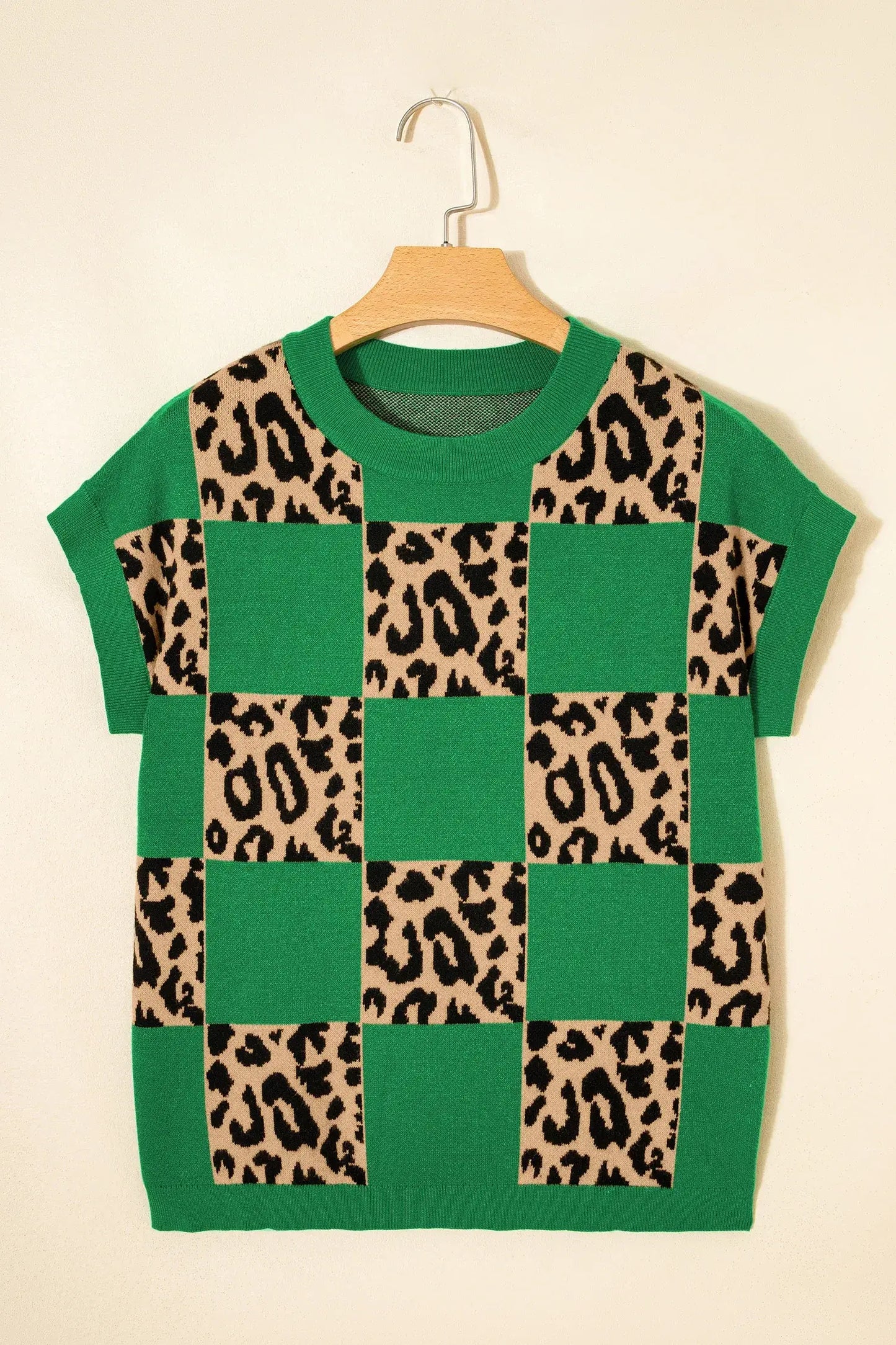Red Leopard Checkerboard Short Sleeve Knit Sweater - Sweet Fashion Wholesale