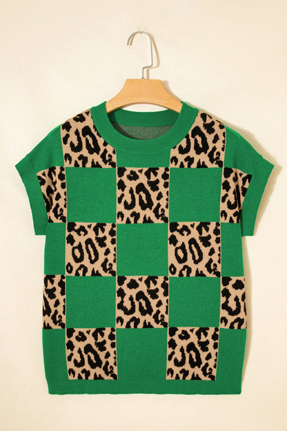 Red Leopard Checkerboard Short Sleeve Knit Sweater - Sweet Fashion Wholesale