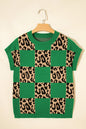 Red Leopard Checkerboard Short Sleeve Knit Sweater - Sweet Fashion Wholesale