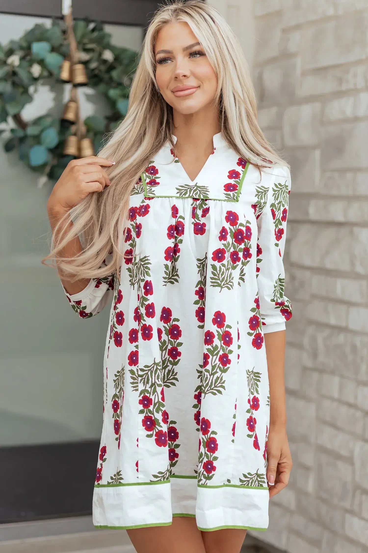 White Frilled V Neck 3/4 Sleeve Loose Floral Dress - Sweet Fashion Wholesale