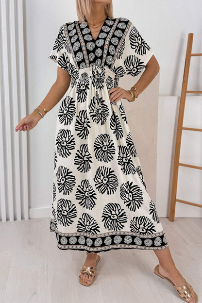Blue Boho Floral Print Contrast Patchwork V Neck Dolman Maxi Dress