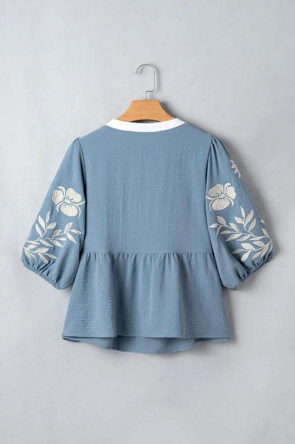 Smoke Green Color Block Patchwork V Neck Embroidered Puff Sleeve Babydoll Blouse