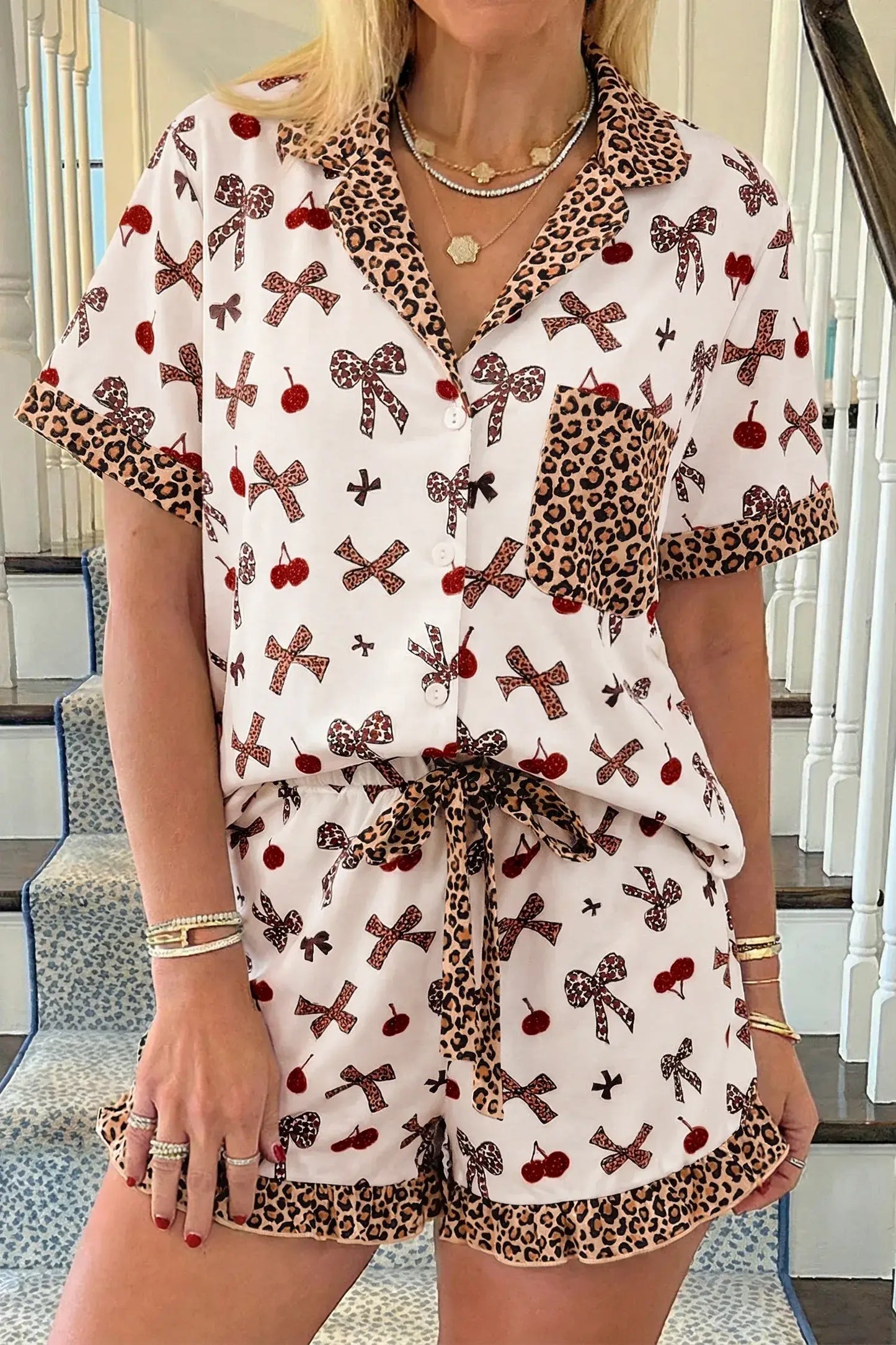 White Chic Bow Cherry Printed Leopard Contrast Patchwork Shirt Drawstring Shorts 2pcs PJ Set - Sweet Fashion Wholesale