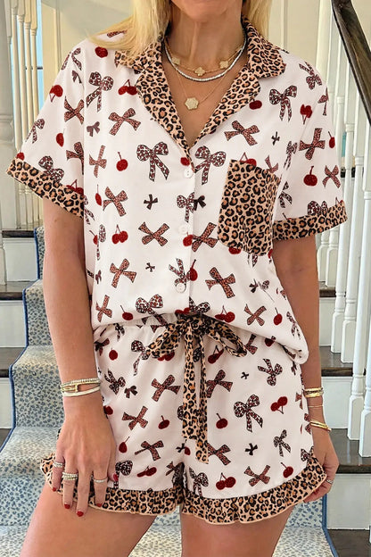 White Chic Bow Cherry Printed Leopard Contrast Patchwork Shirt Drawstring Shorts 2pcs PJ Set - Sweet Fashion Wholesale