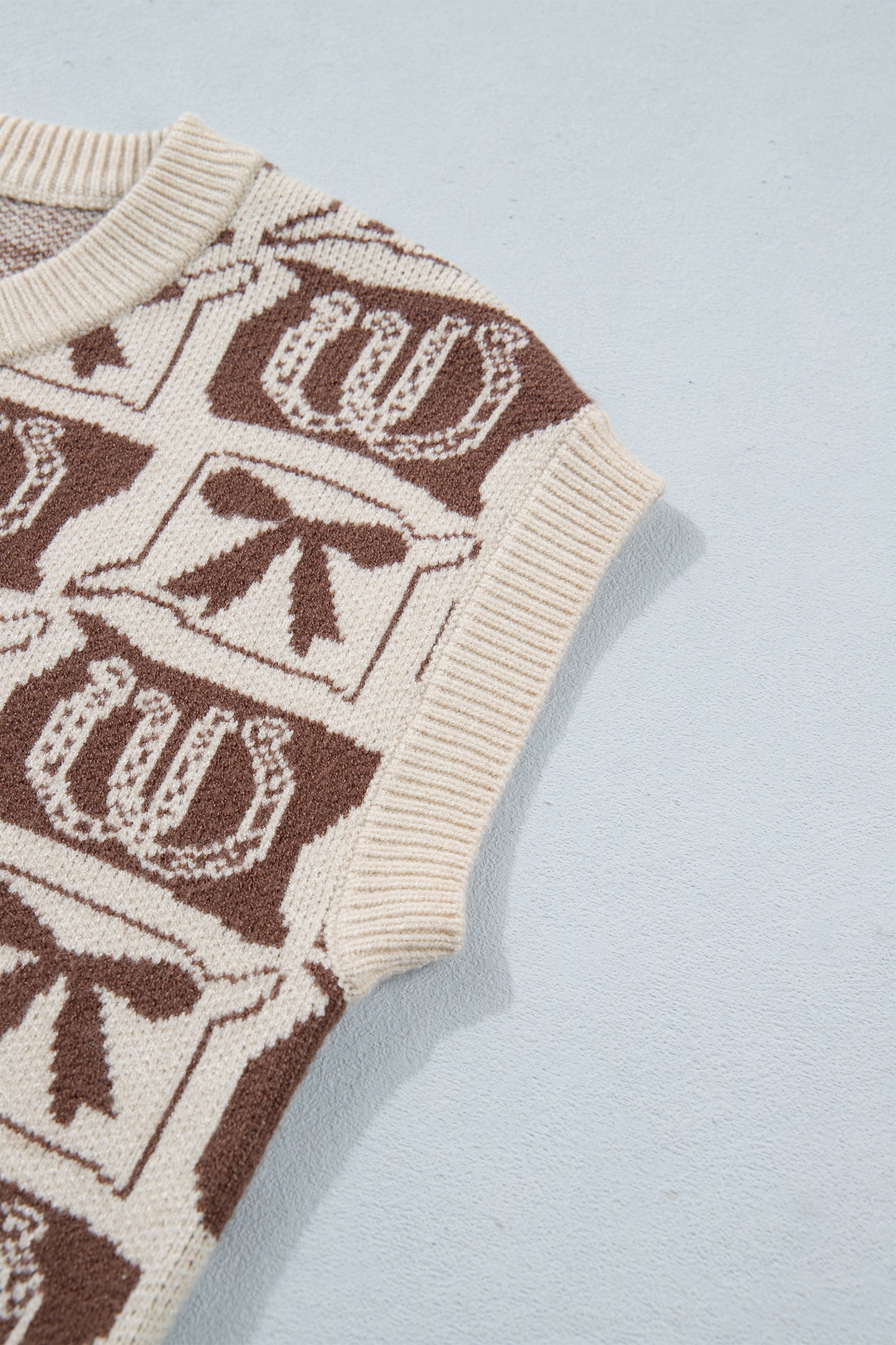 Brown Western Horseshoe Bow Pattern Button Front Sleeveless Knit Sweater