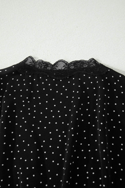 Black Polka Dot Print Lace Trim Wrap Mini Dress