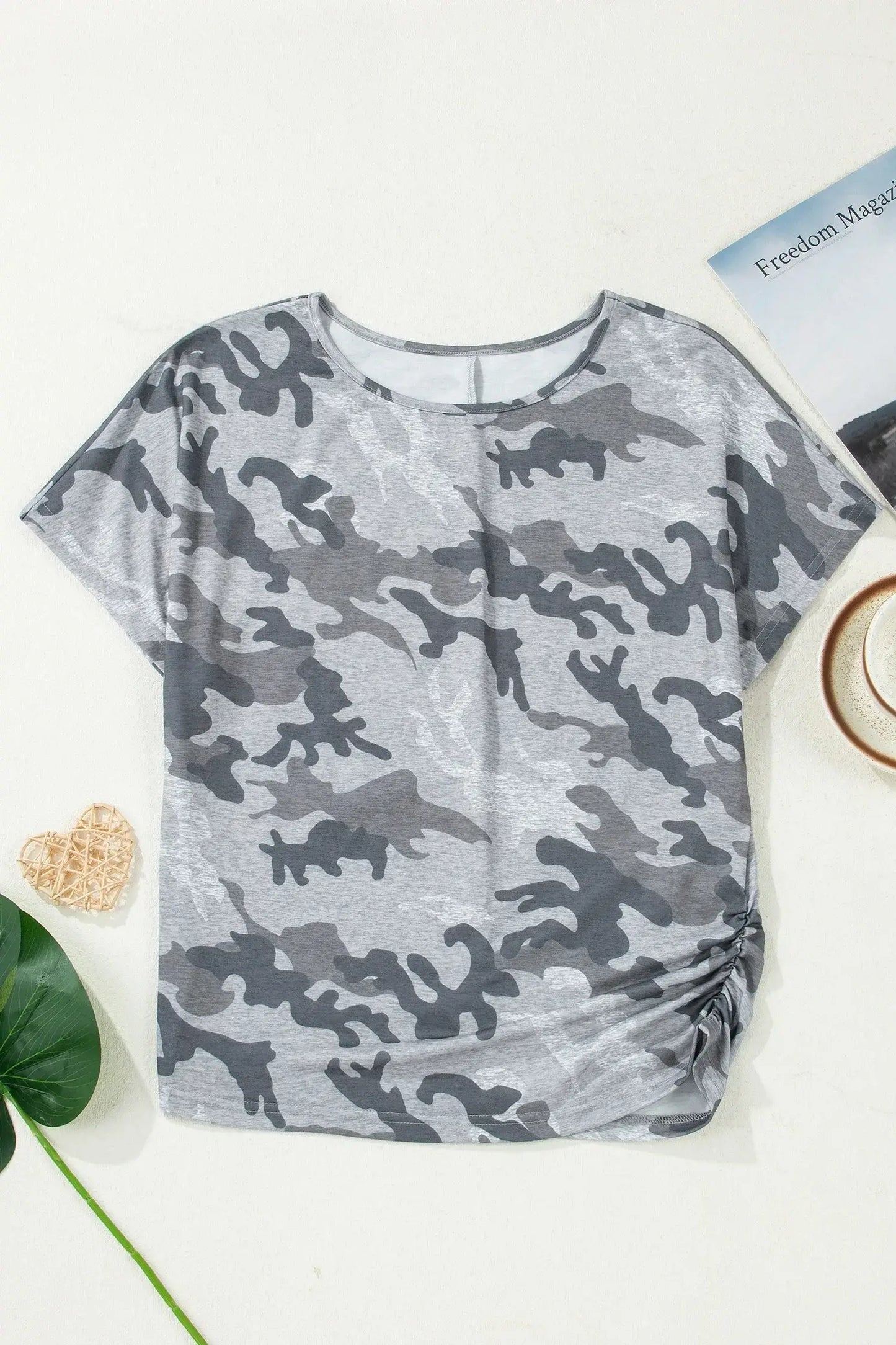 Gray Camouflage Print Round Neck T Shirt - Sweet Fashion Wholesale