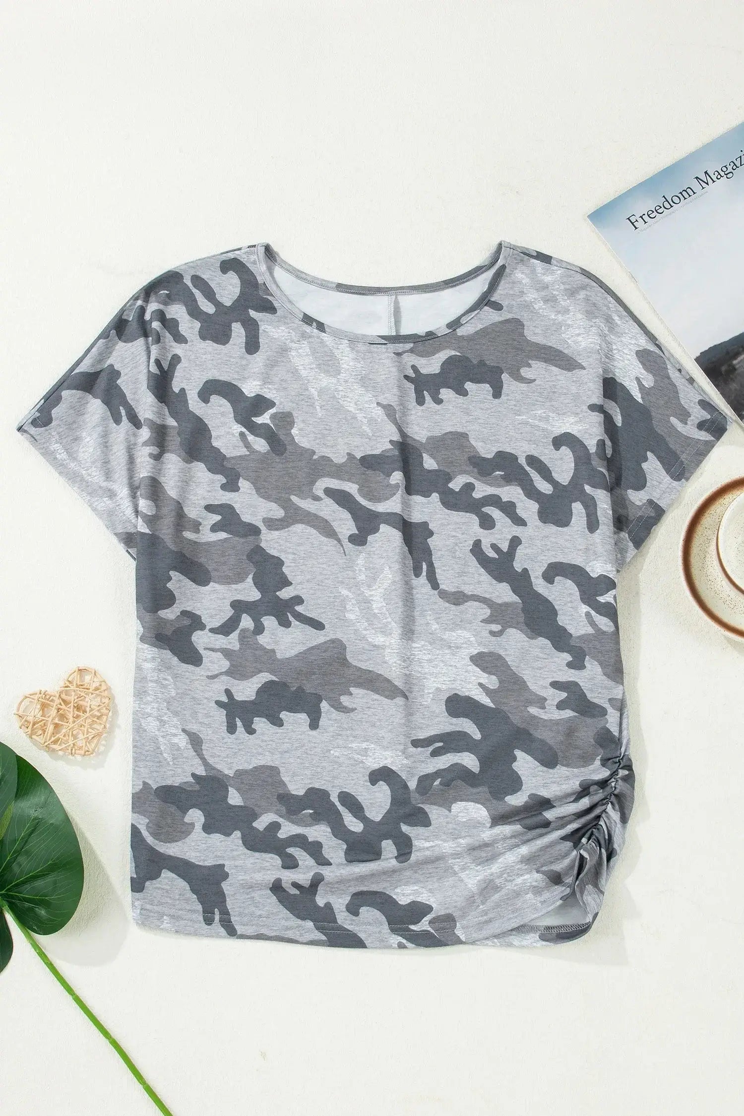 Gray Camouflage Print Round Neck T Shirt - Sweet Fashion Wholesale