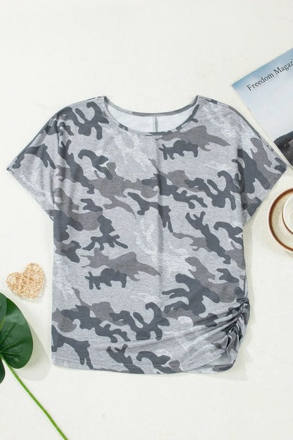 Gray Camouflage Print Round Neck T Shirt - Sweet Fashion Wholesale
