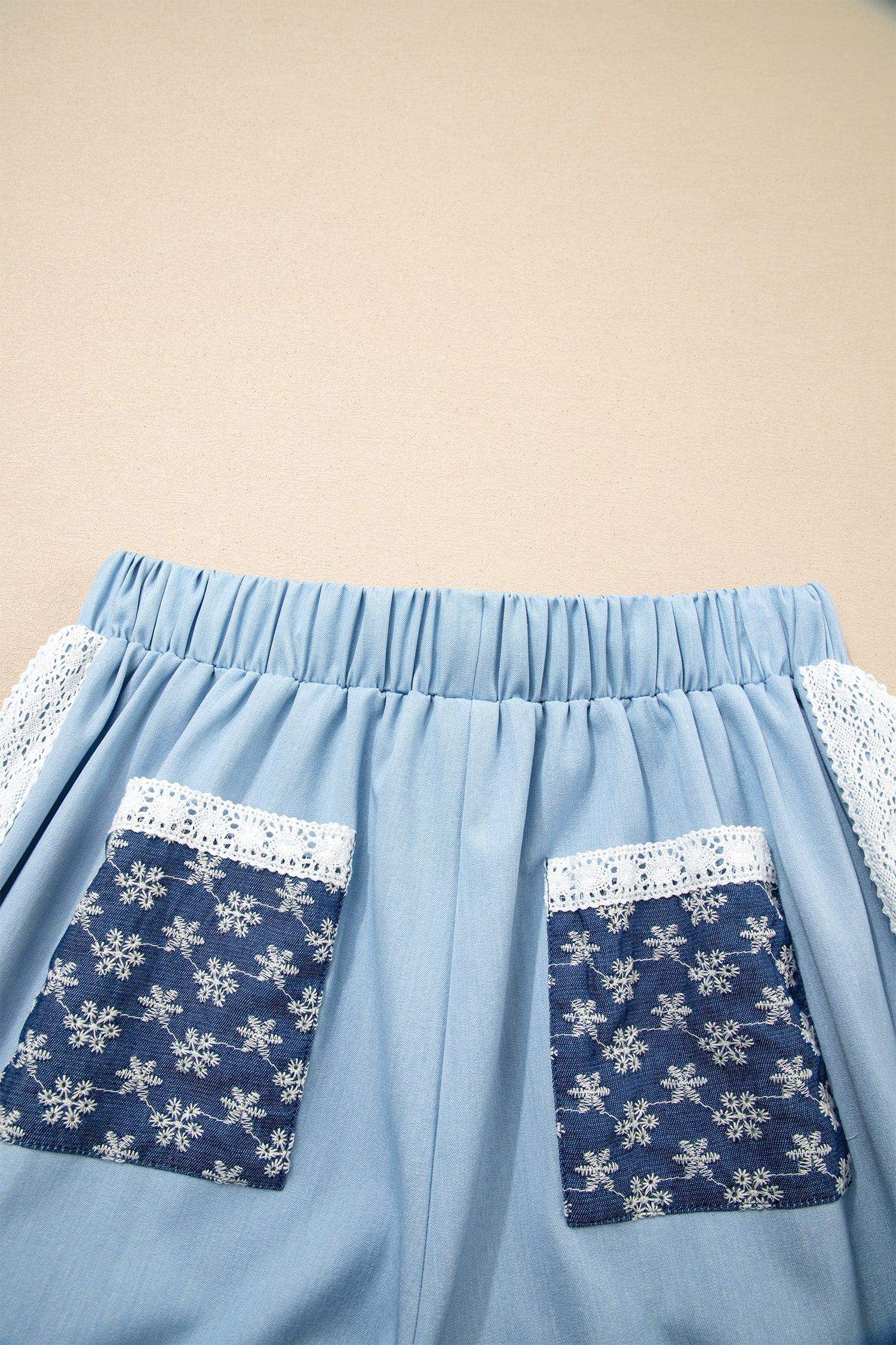 Beau Blue Lace Accent Floral Patched Pocket Pleated Wide Leg Slouchy Pants - Sweet Fashion Wholesale