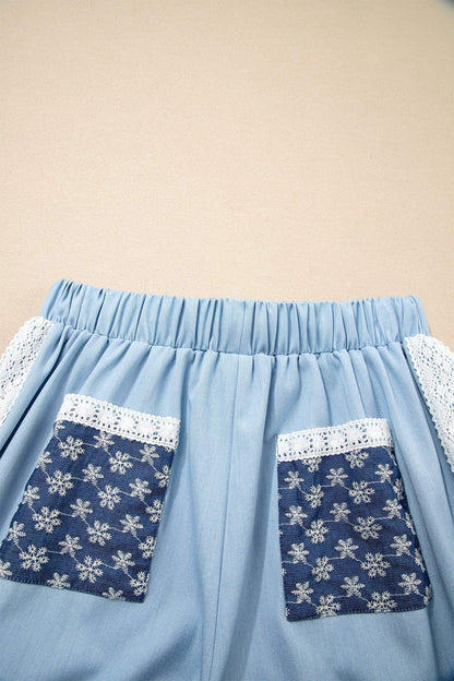 Beau Blue Lace Accent Floral Patched Pocket Pleated Wide Leg Slouchy Pants - Sweet Fashion Wholesale