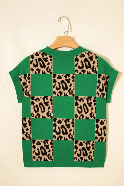 Red Leopard Checkerboard Short Sleeve Knit Sweater - Sweet Fashion Wholesale