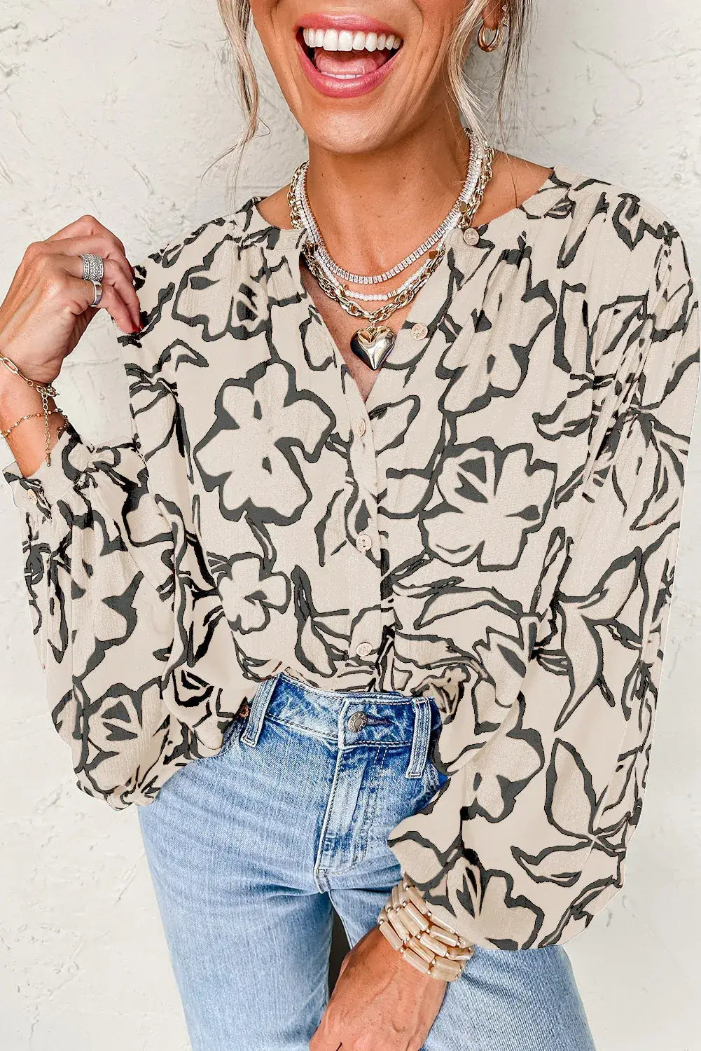 Gray Morn Floral Print Batwing Sleeve Buttoned Loose Fit Shirt - Sweet Fashion Wholesale