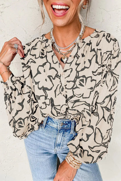 Gray Morn Floral Print Batwing Sleeve Buttoned Loose Fit Shirt - Sweet Fashion Wholesale