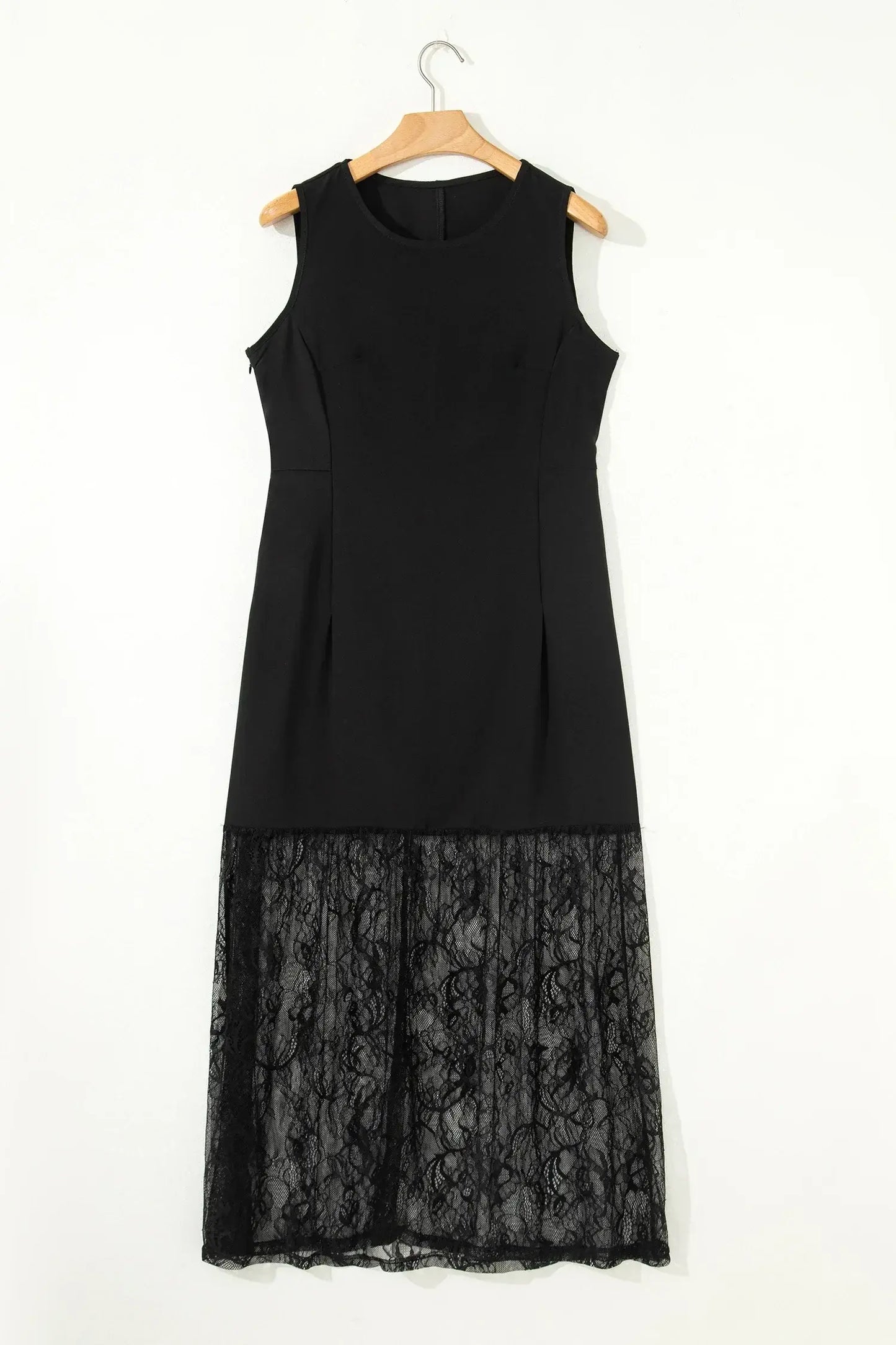 Black Solid Color Sleeveless Sheer Floral Lace Patchwork Long Dress - Sweet Fashion Wholesale