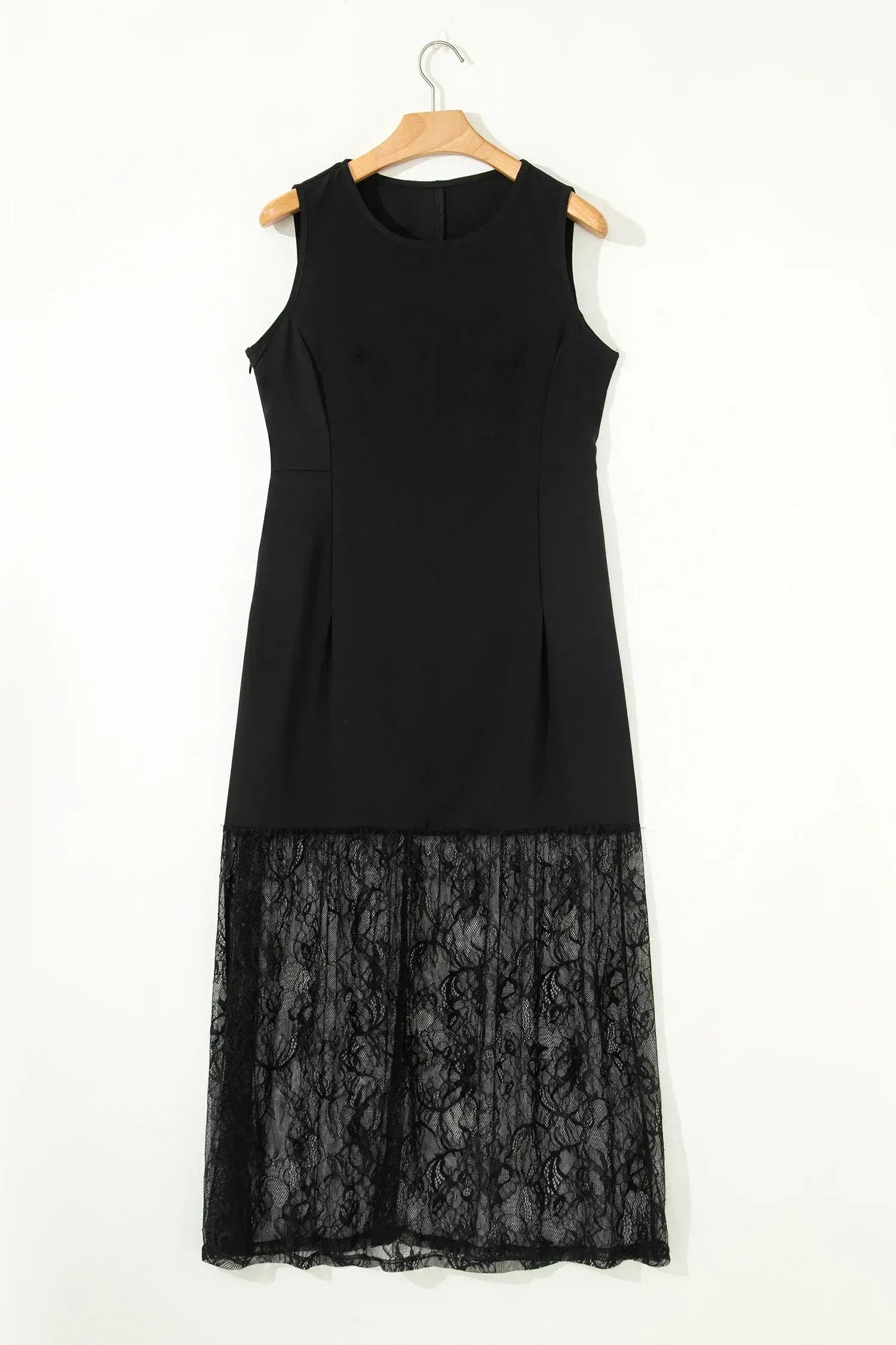 Black Solid Color Sleeveless Sheer Floral Lace Patchwork Long Dress - Sweet Fashion Wholesale