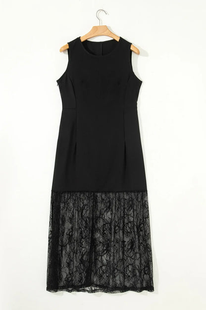 Black Solid Color Sleeveless Sheer Floral Lace Patchwork Long Dress - Sweet Fashion Wholesale