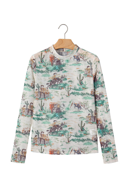 Green Western Print Long Sleeve Round Neck Slim Top