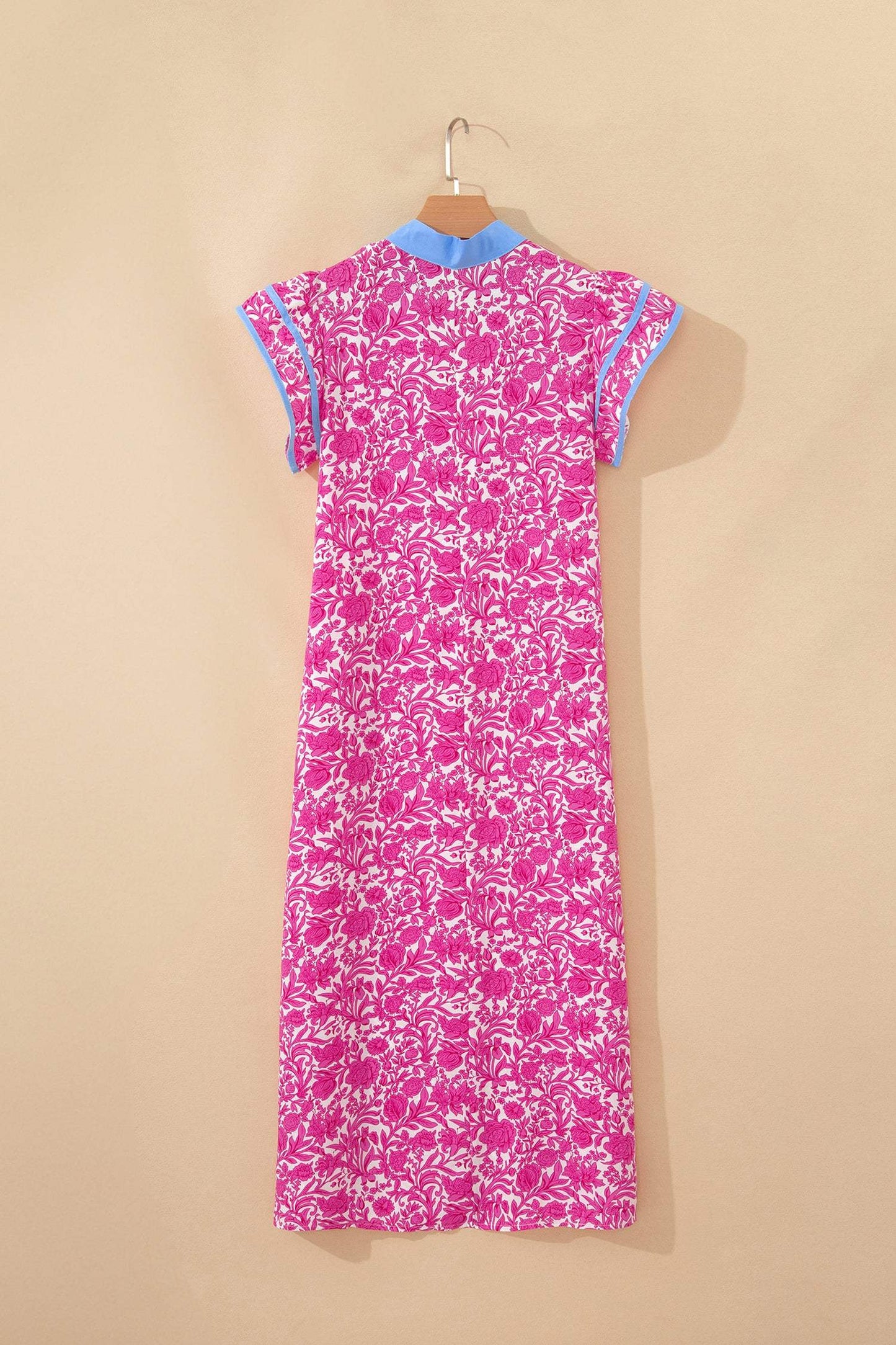 Pink Floral Print Color Block Patchwork V Neck Short Sleeve Midi Dress