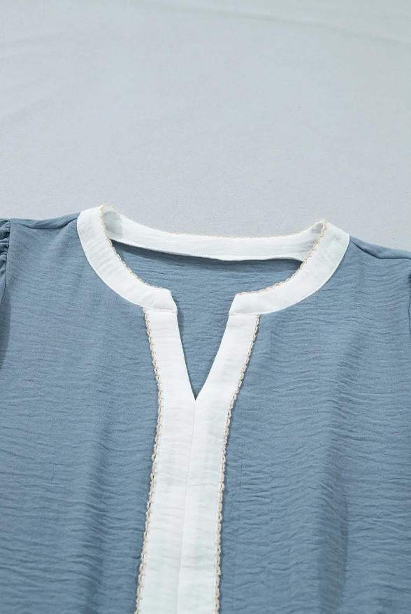 Smoke Green Color Block Patchwork V Neck Embroidered Puff Sleeve Babydoll Blouse