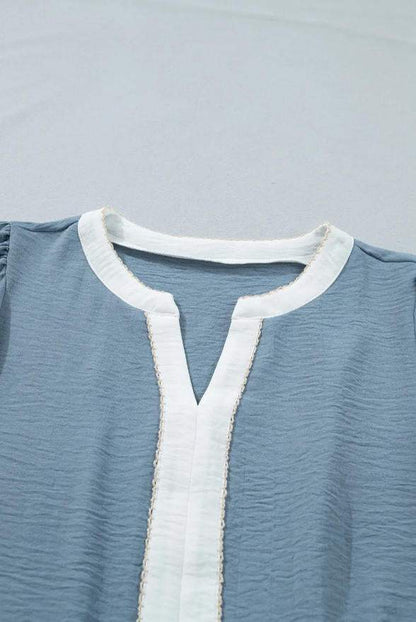 Smoke Green Color Block Patchwork V Neck Embroidered Puff Sleeve Babydoll Blouse