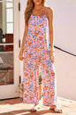 Khaki Floral Print Spaghetti Straps Loose Pocketed Jumpsuit