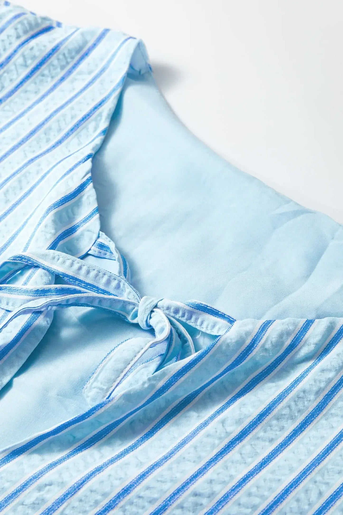 Sky Blue Stripe Bow Knot Textured Short Puff Sleeve Babydoll Blouse - Sweet Fashion Wholesale