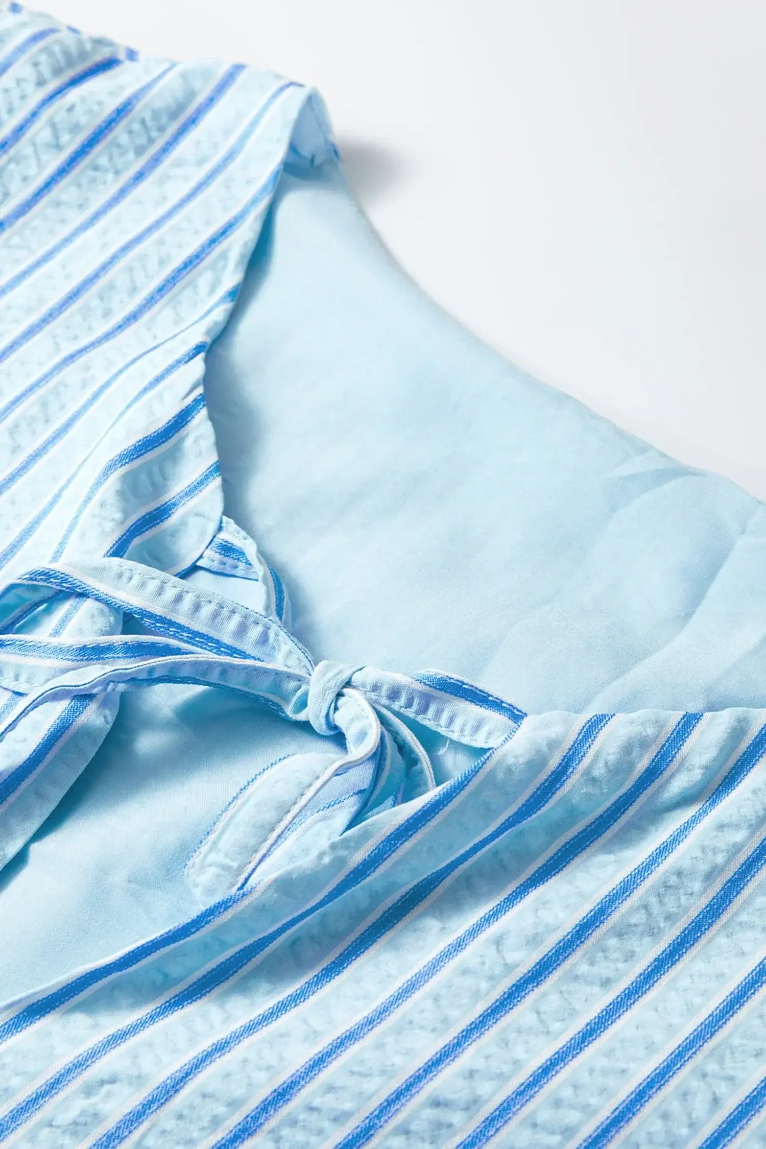 Sky Blue Stripe Bow Knot Textured Short Puff Sleeve Babydoll Blouse - Sweet Fashion Wholesale