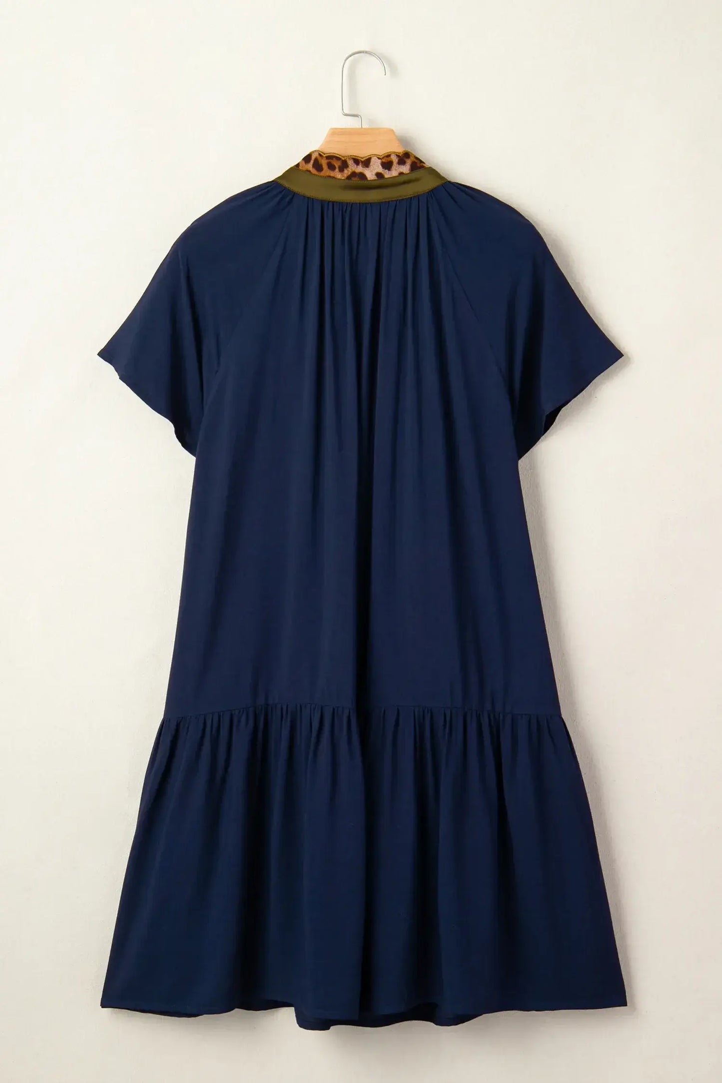 Navy Blue Button Detail Leopard Metallic Trim Short Sleeve Tunic Dress - Sweet Fashion Wholesale