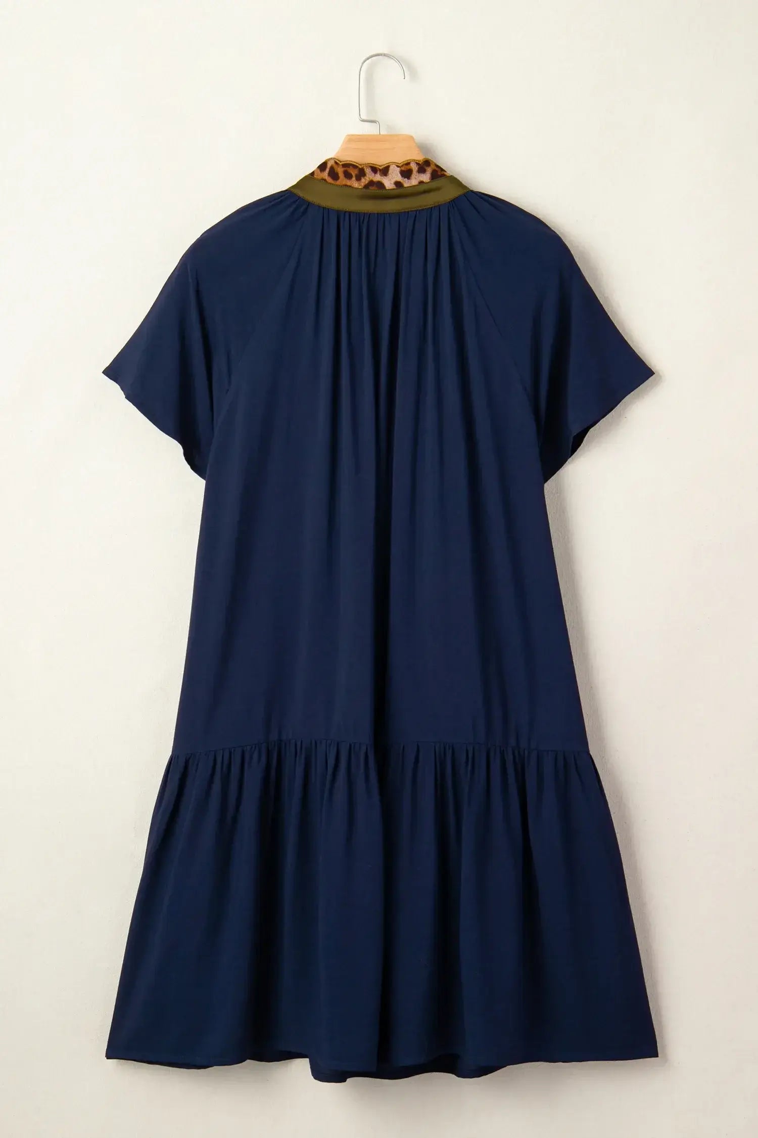 Navy Blue Button Detail Leopard Metallic Trim Short Sleeve Tunic Dress - Sweet Fashion Wholesale