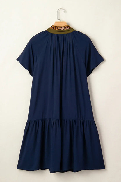 Navy Blue Button Detail Leopard Metallic Trim Short Sleeve Tunic Dress - Sweet Fashion Wholesale
